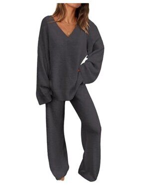 2 Piece Fuzzy Sweater Lounge Set V-Neck Pullover Wide Leg Pants Tracksuit